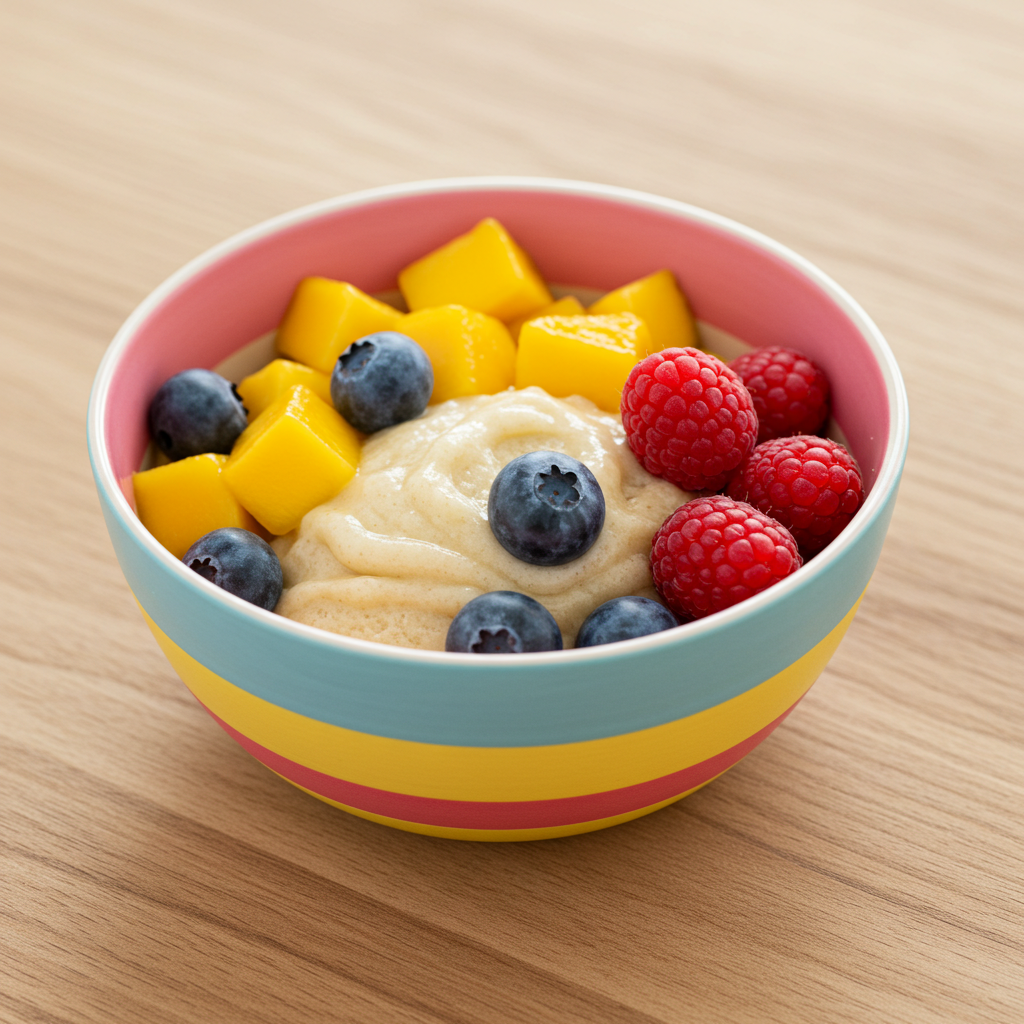 A bowl of vegan ice cream, served with blueberries and mango pieces