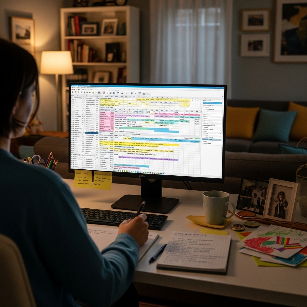 Parent planning a birthday party on a spreadsheet