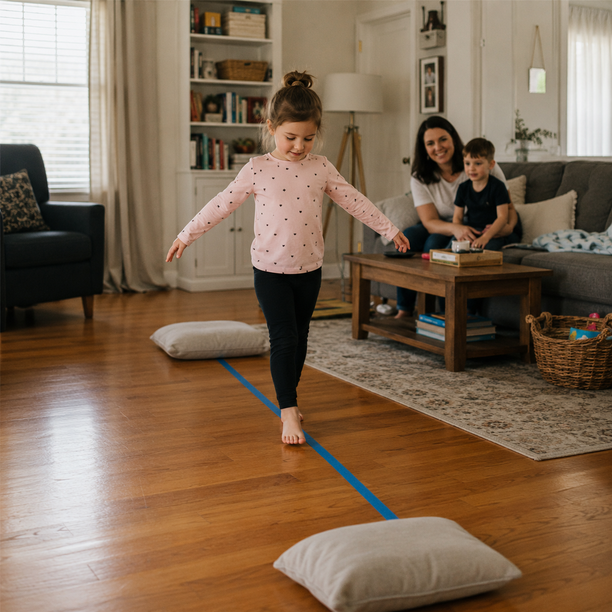 Low-stakes balance beam in living room
