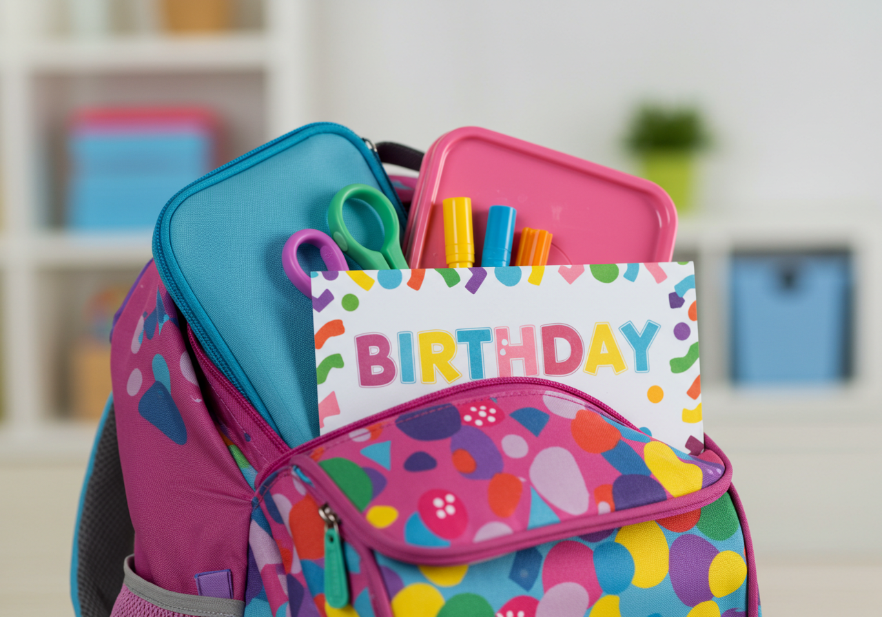 Kids birthday invite tucked in schoolbag