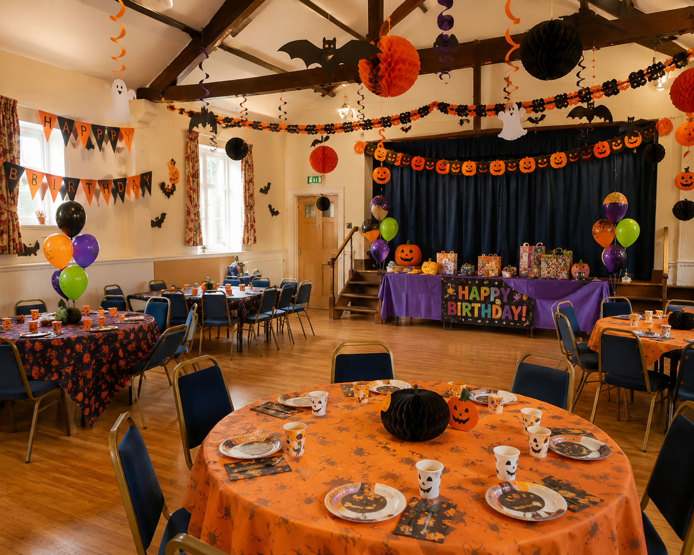 Halloween party decorations in a village hall