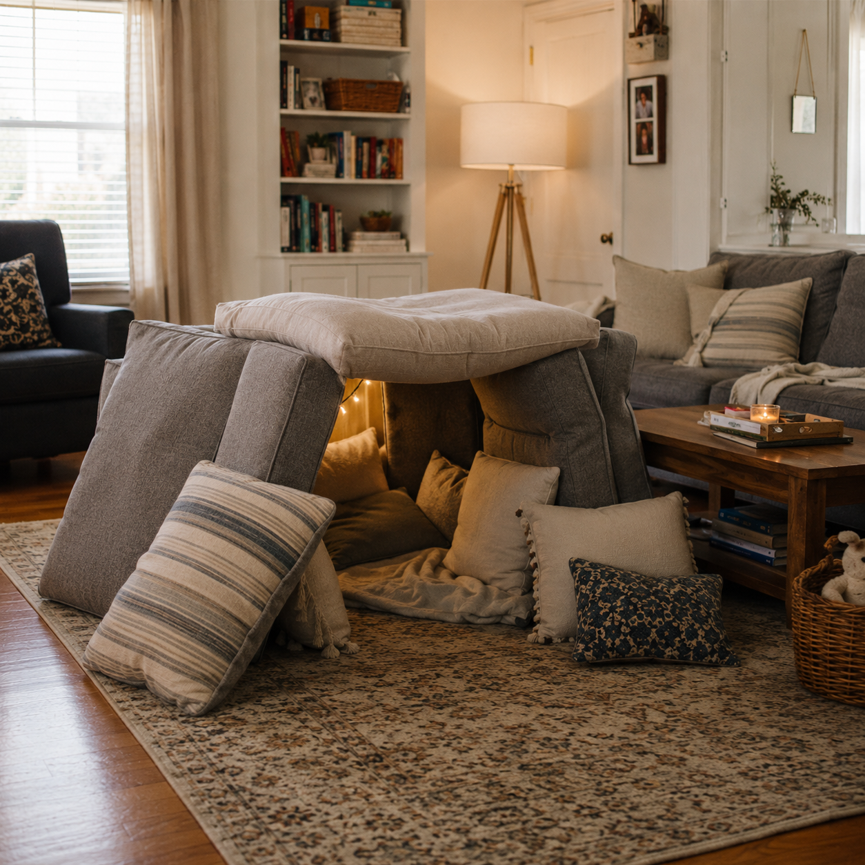 Cosy pillow fort in a living room