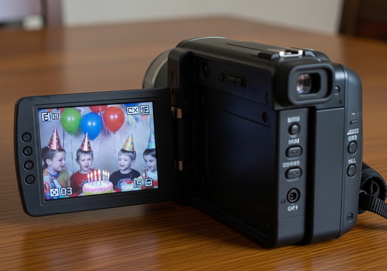 Old school video camera with kids party on screen