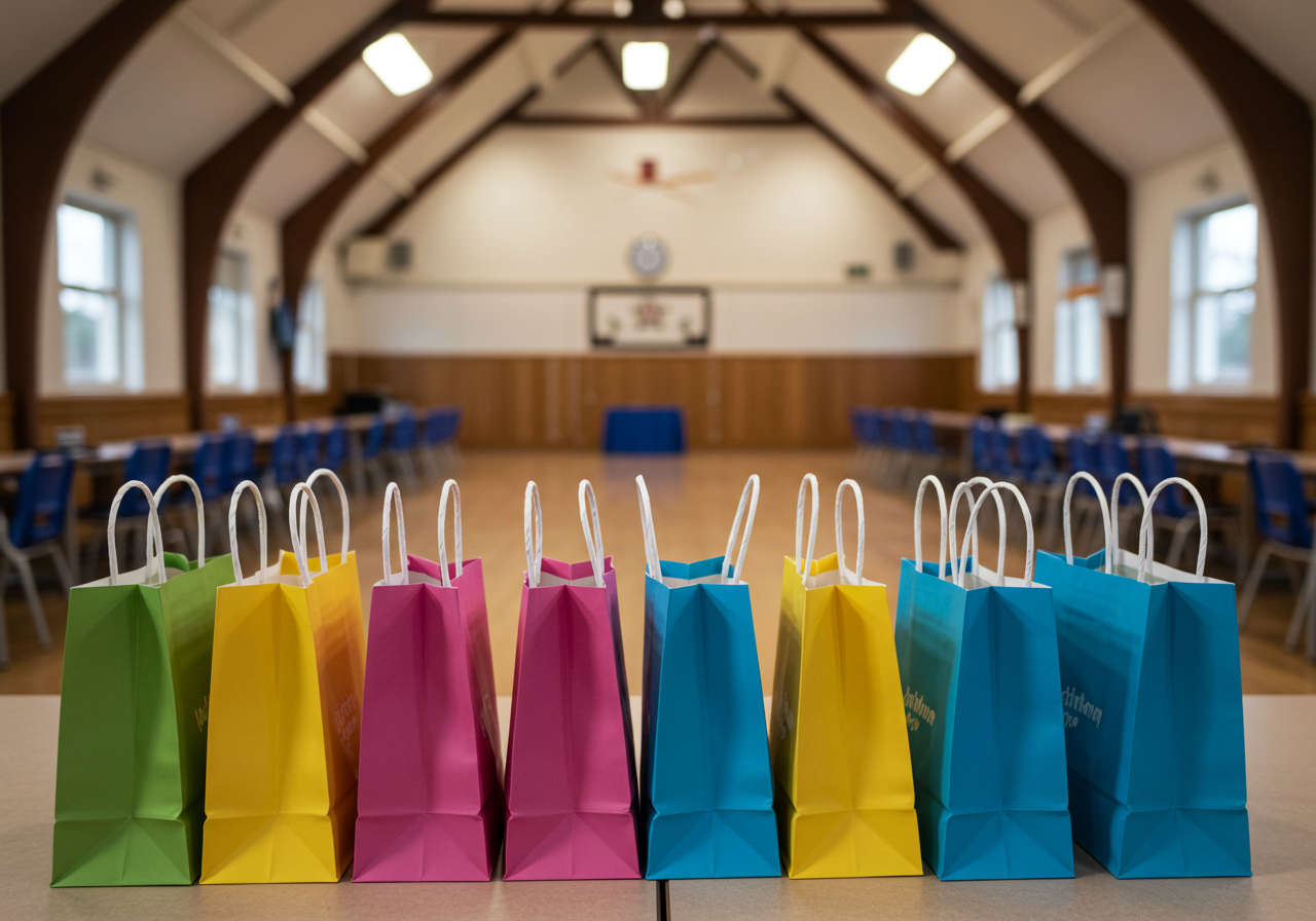 Birthday party gift bags on a table in a community hall