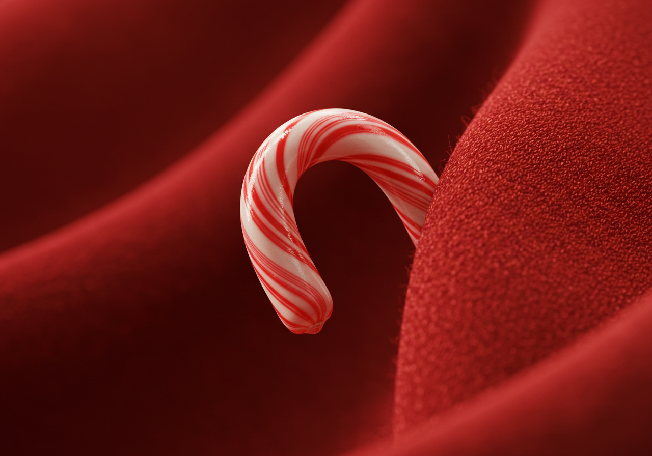 Candy cane hidden behind a red curtain