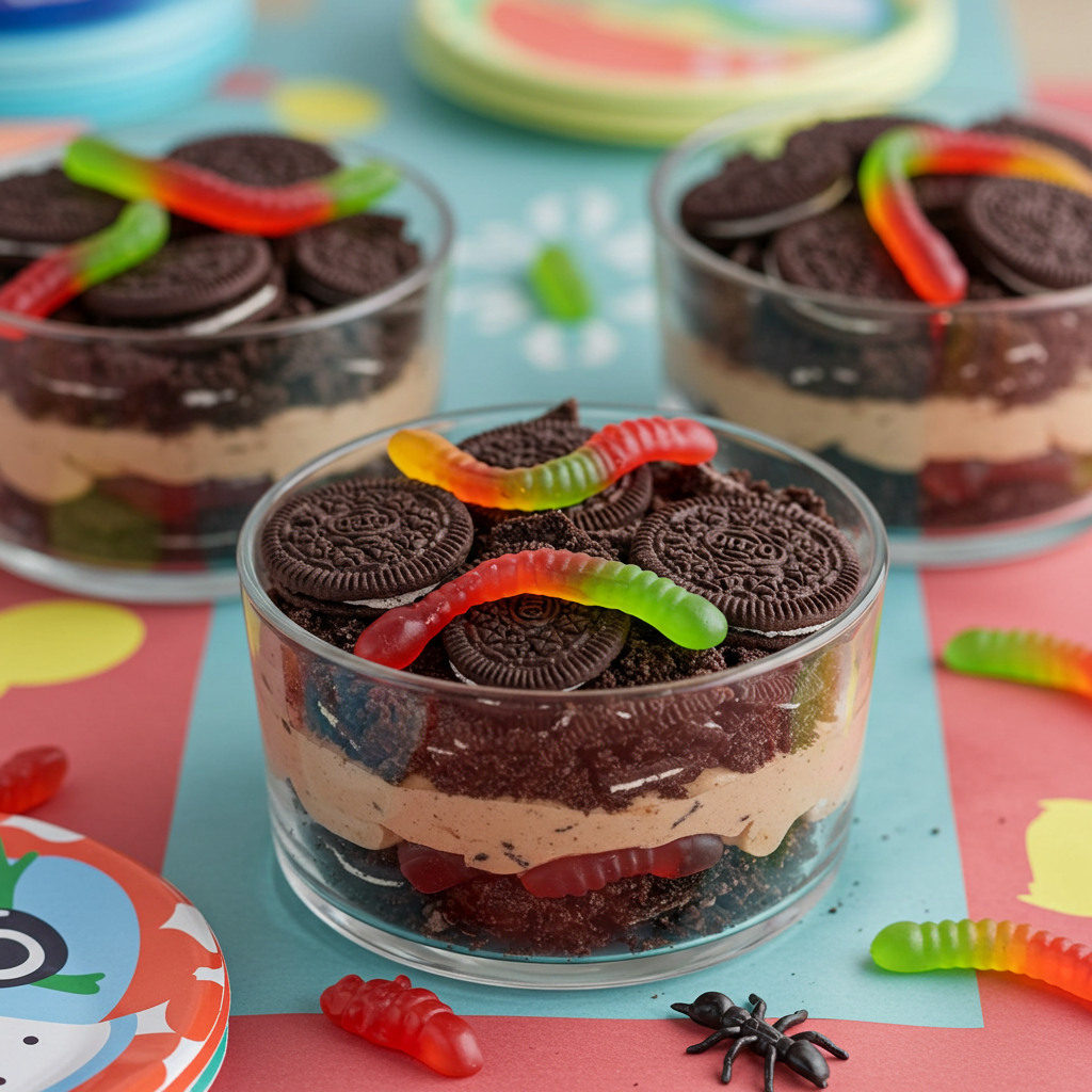 Dirt cups dessert with gummy worms