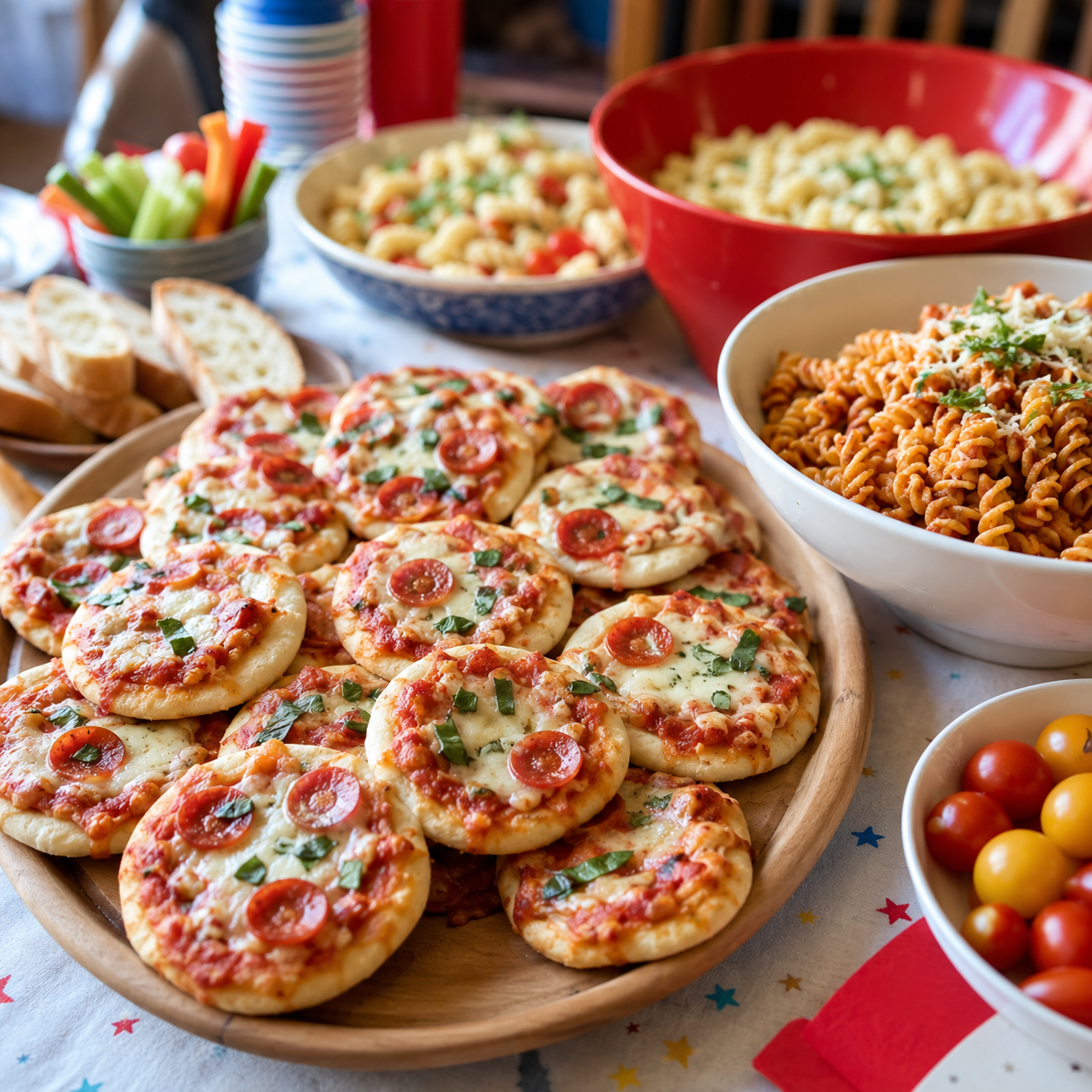 Homemade pizzas and pasta for kids party food